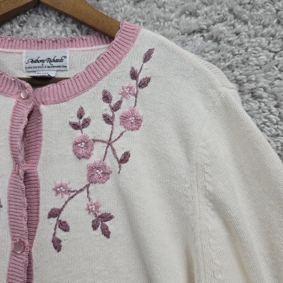 Anthony Richards Cardigan Sweater Womens Medium White Pink Embroidered Cottage - Picture 3 of 11